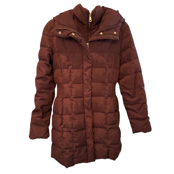 Cole Haan Signature Hooded Down Puffer Coat Small Merlot Baffle-Box Quilted - Picture 1 of 16